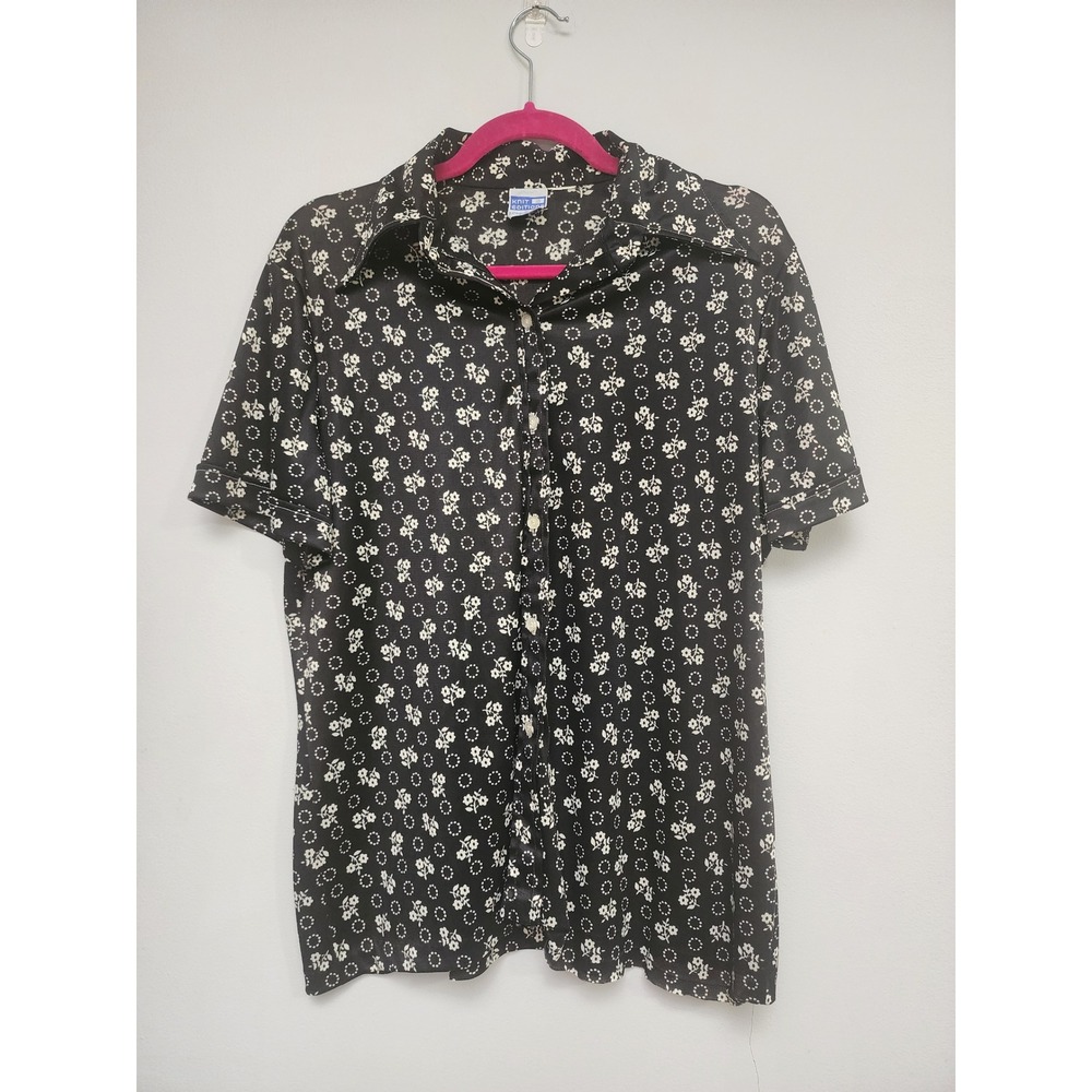 Vintage Ship n Shore Knit Editions Black Floral Button Up Blouse Top Size 18